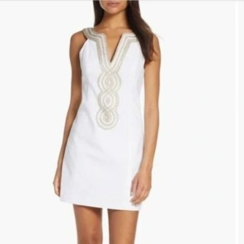 Lilly Pulitzer Valli Shift Dress In Resort White Cotton Gold/Silver Trim Size 2